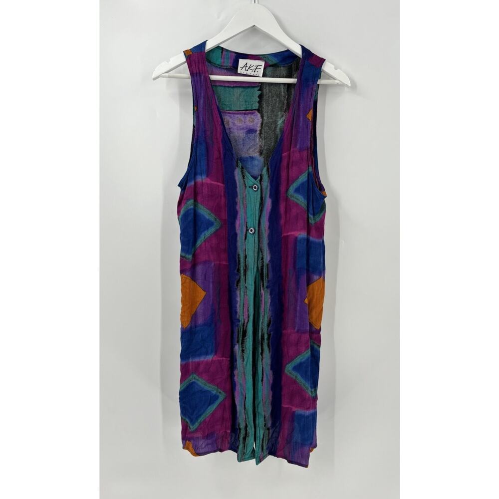 A.K.F. Vintage Tunic Duster Womens Medium Purple Blue Two Button Sleeveless